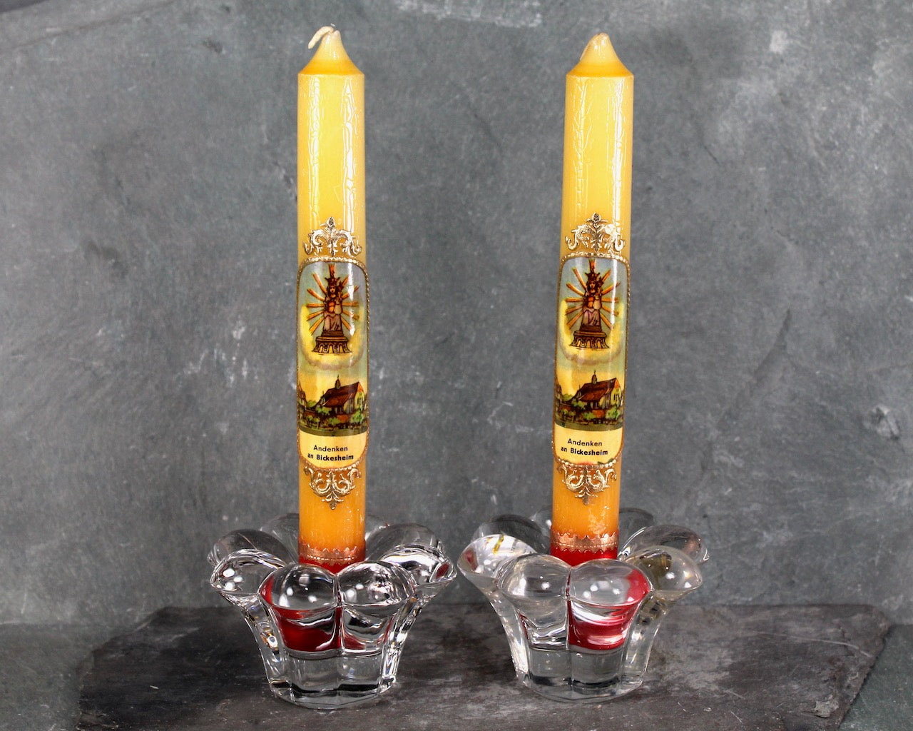 Vintage Set of 2 German Souvenir Candles "Andenken an Bickesheim" Candles in Original Plastic Wrap | Souvenir of the Pilgrimage Church