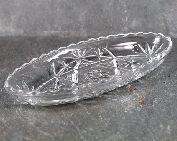 Anchor Hocking Clear Boat Glass Dish | Candy/Relish Oblong Dish or Trinket Dish | Pressed Glass Starburst Pattern