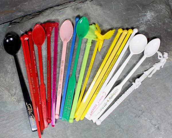 19 Vintage Advertising Swizzle Sticks - Plastic Cocktail Stirrers Hotels & Restaurants - Drink Stirrers