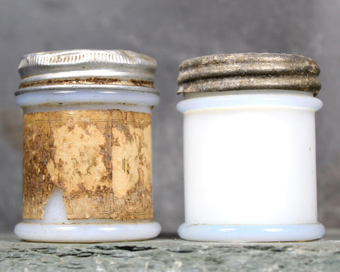 Antique Musterole Milk Glass Jars with Tin Lids | Gorgeous Vintage Patina | Circa 1910s/20s