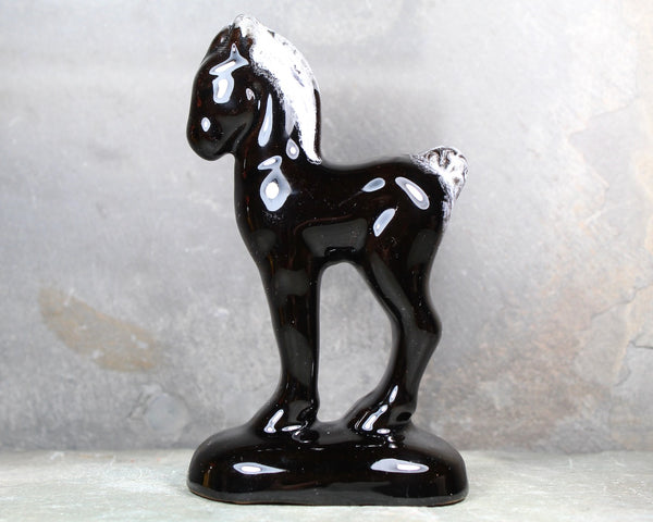 Vintage Black Ceramic Horse Figurine | Mid-Century Modern Horse Figurine | Black Horse | Black Ceramic with White Drip Mane