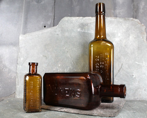 Set of 3 Antique Bottles | Brown Bottle Set | S Rosenthal & Co, Nuyens, Bryant's Root Beer | Decorative Bottle Set