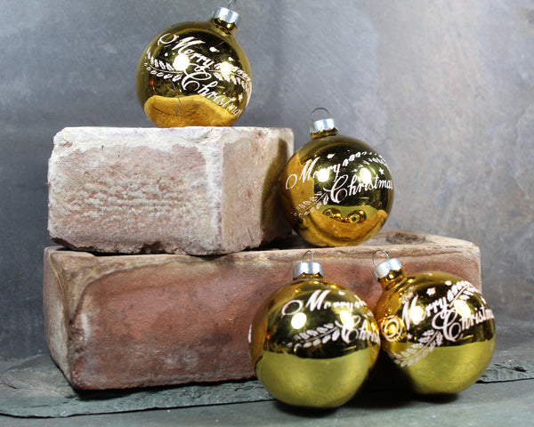 Set of 4 "Merry Christmas" Gold Glass Ornaments | Vintage Ornaments | Circa 1960s