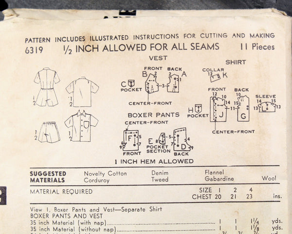 1950s Advance #6319 Toddler Boys Pattern | Size 1/Breast 20" | COMPLETE Cut Pattern in Original Envelope