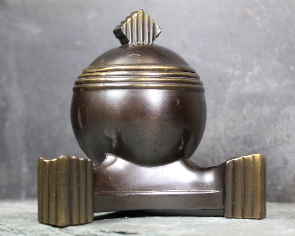 RARE Antique Art Deco Inkwell - Bronze or Brass Art Deco Styled Inkwell with Glass Ink Pot Insert | Made in USA