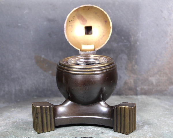 RARE Antique Art Deco Inkwell - Bronze or Brass Art Deco Styled Inkwell with Glass Ink Pot Insert | Made in USA