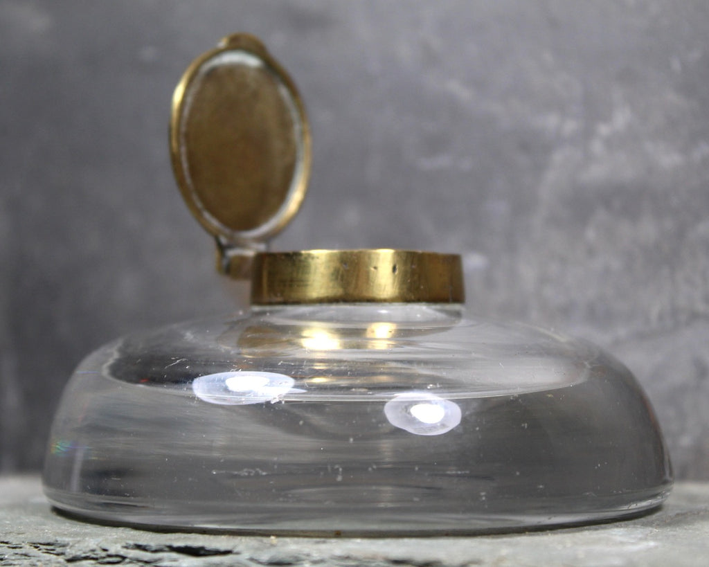 Antique Blown Glass Art Nouveau Ink Well - Heavy Glass Inkwell with Br ...
