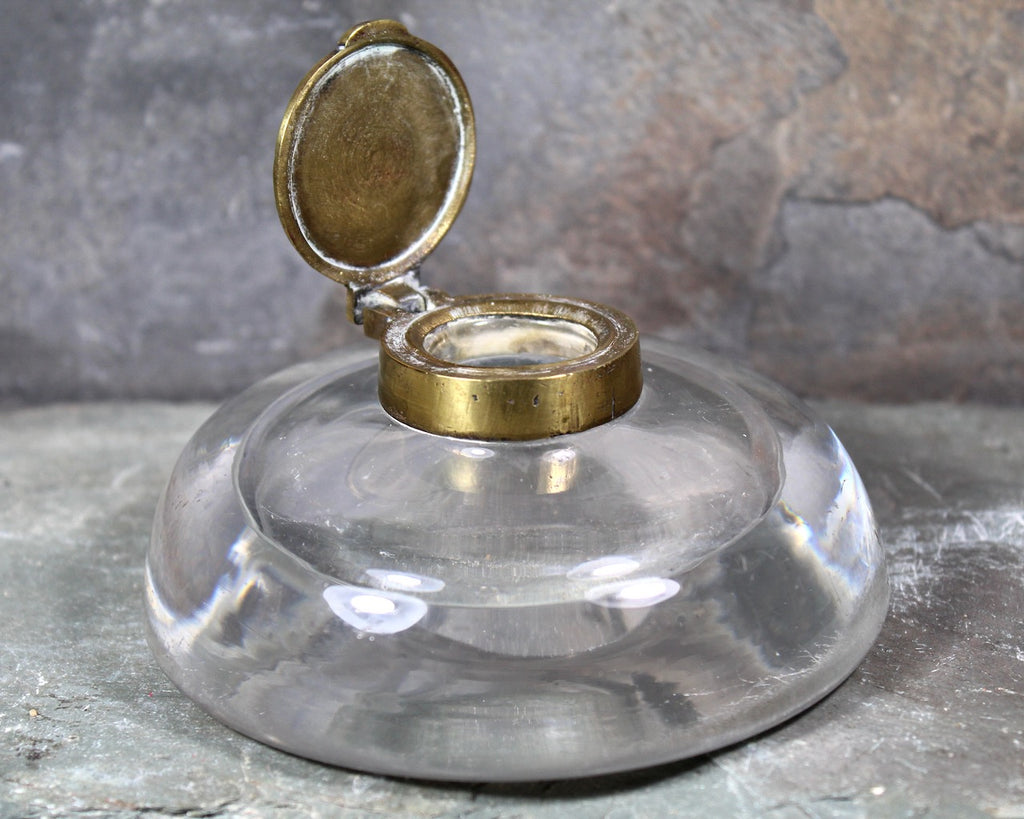 Antique Blown Glass Art Nouveau Ink Well - Heavy Glass Inkwell with Br ...