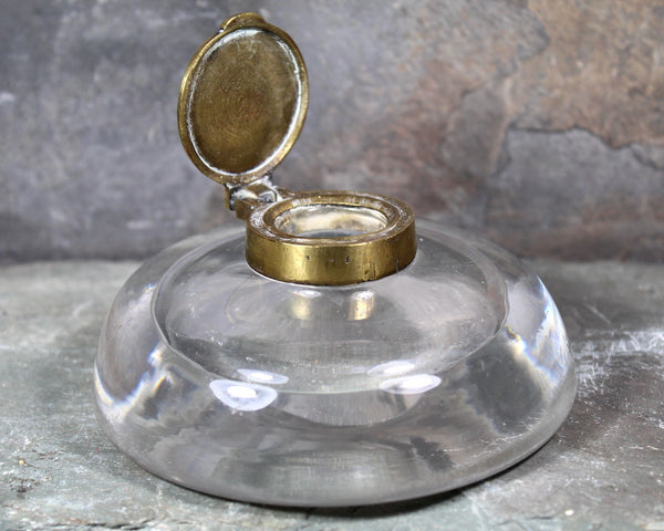 Antique Blown Glass Art Nouveau Ink Well - Heavy Glass Inkwell with Brass Hinged Lid | Circa 1910s/1920s