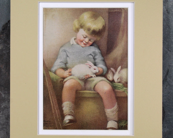 Annie Benson Muller Illustration Child with Bunnies | 1920s Vintage Art | Matted and Framed to Fit Standard 8x10" Frame | UNFRAMED