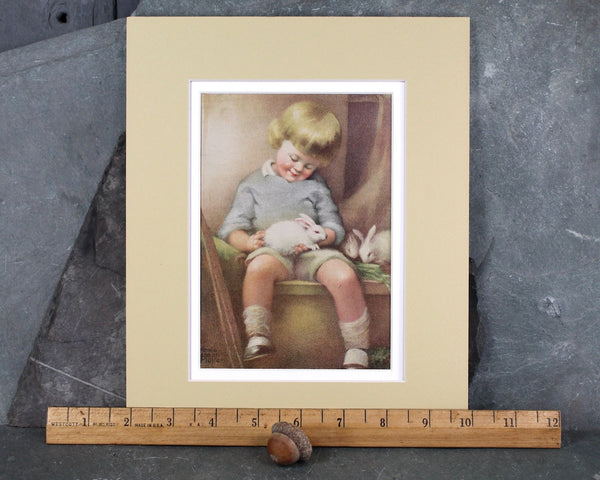 Annie Benson Muller Illustration Child with Bunnies | 1920s Vintage Art | Matted and Framed to Fit Standard 8x10" Frame | UNFRAMED