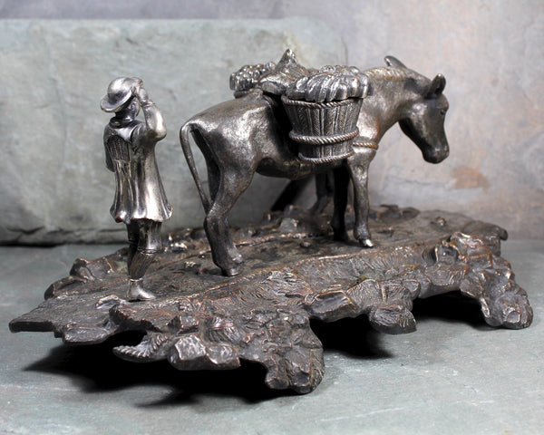 RARE Antique Inkwell - Bronze & Silver Inkwell/Stand - Mule Ink Well w/Silver Saddle and Market Goods