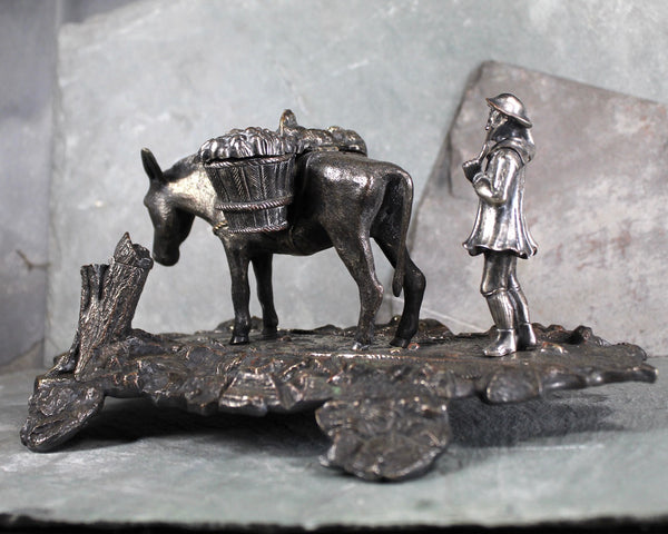 RARE Antique Inkwell - Bronze & Silver Inkwell/Stand - Mule Ink Well w/Silver Saddle and Market Goods