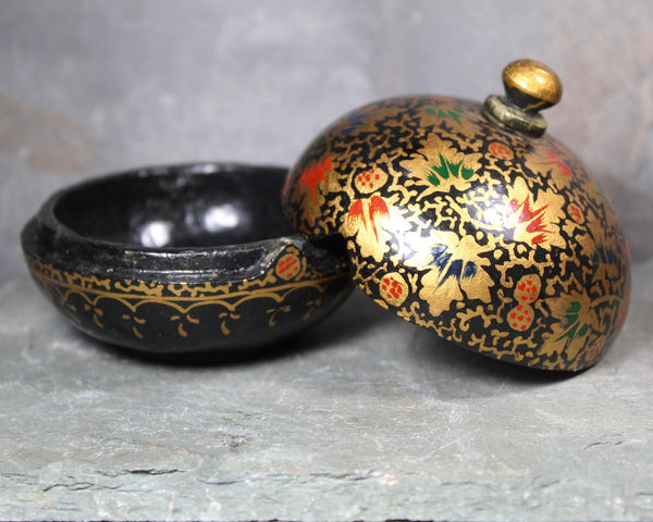 Lacquered Wooden Covered Dish | Gold and Black Lacquered Small Trinket Bowl