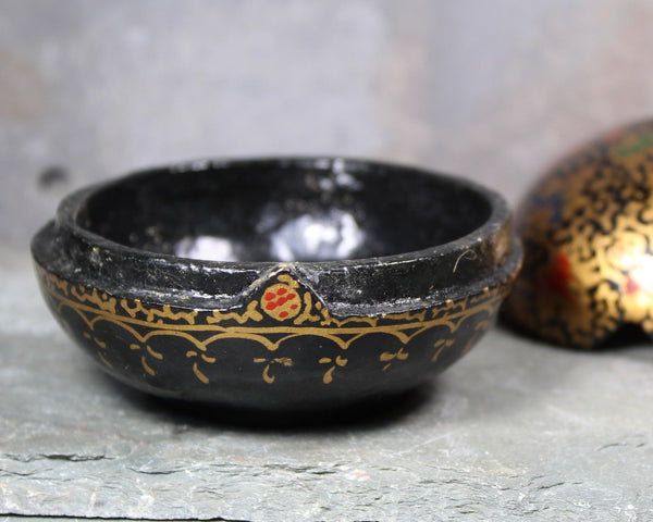 Lacquered Wooden Covered Dish | Gold and Black Lacquered Small Trinket Bowl