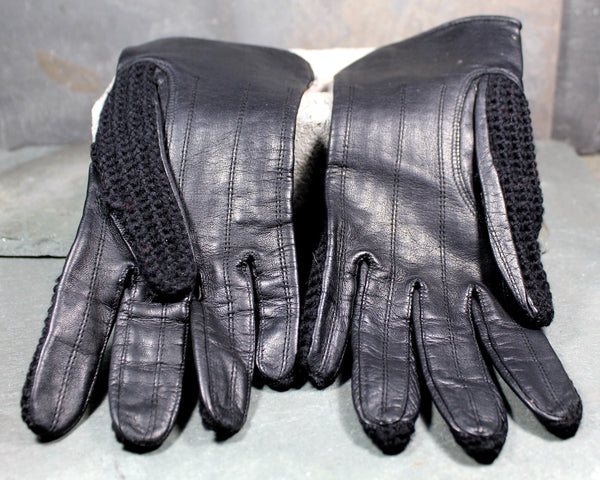 Vintage Black Leather and Wool Gloves - Driving Gloves - Black Leather With Black Knit Back - Sleek Gloves