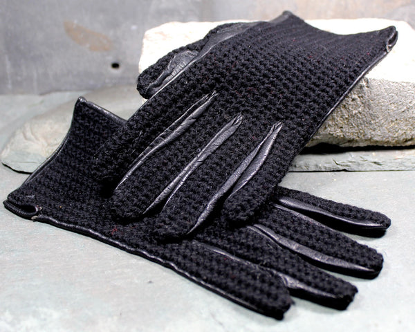 Vintage Black Leather and Wool Gloves - Driving Gloves - Black Leather With Black Knit Back - Sleek Gloves