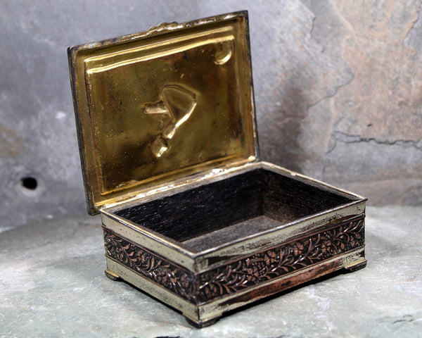 Japanese Metal Box with Wood Lining - Made in Japan - Girl in Garden - Copper Plated Trinket Box