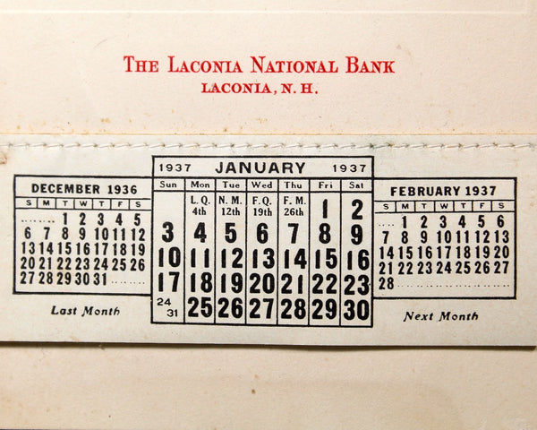 Laconia, New Hampshire - 1937 Laconia National Bank Promotional Calendar - Antique Calendar - Vintage Ephemera