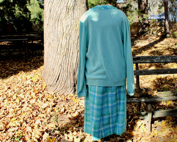 RARE Lee Collins Matching Tweed Skirt & Cashmere Sweater - Teal Cashmere Cardigan, Pencil Skirt Wrap Look -Approx Size 8-10