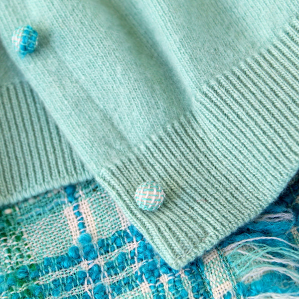 RARE Lee Collins Matching Tweed Skirt & Cashmere Sweater - Teal Cashmere Cardigan, Pencil Skirt Wrap Look -Approx Size 8-10