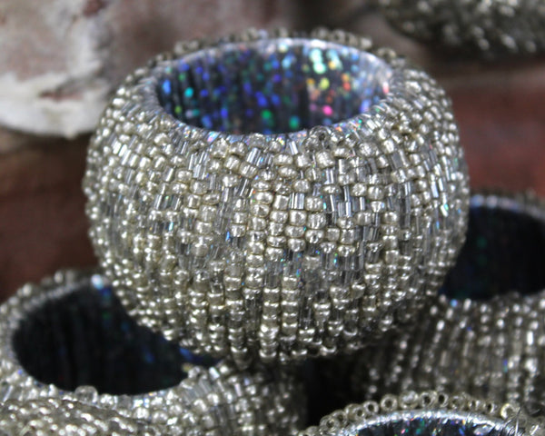 Set of 8 Silver Beaded Napkin Rings | Mercury Glass Look | Vintage Table | Add Sparkle to Your Table