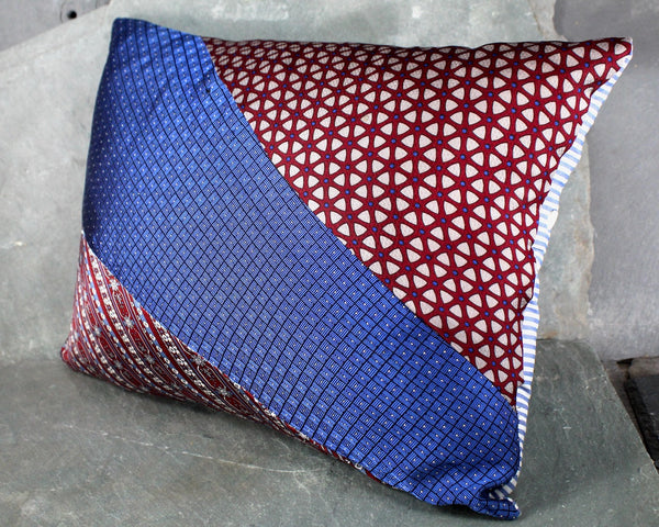 One of a Kind Necktie Pillow | London Nights #343 |  Red & Blue 13"x10" Pillow Made from Up-Cycled Silk Ties - Includes Pillow Filling