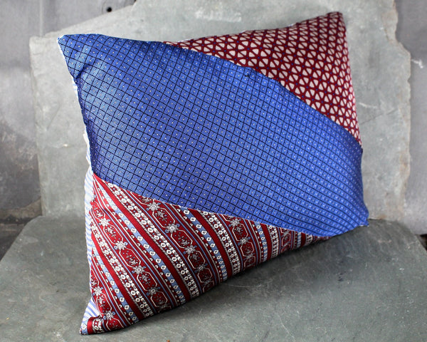 One of a Kind Necktie Pillow | London Nights #343 |  Red & Blue 13"x10" Pillow Made from Up-Cycled Silk Ties - Includes Pillow Filling