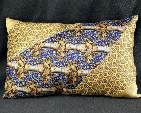 One of a Kind Necktie Pillow | Golden Floral #350 |  Gold & Blue 15"x10" Pillow Made from Up-Cycled Silk Ties - Includes Pillow Filling