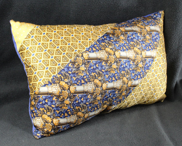 One of a Kind Necktie Pillow | Golden Floral #350 |  Gold & Blue 15"x10" Pillow Made from Up-Cycled Silk Ties - Includes Pillow Filling