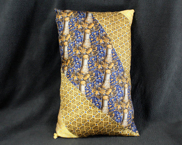 One of a Kind Necktie Pillow | Golden Floral #350 |  Gold & Blue 15"x10" Pillow Made from Up-Cycled Silk Ties - Includes Pillow Filling