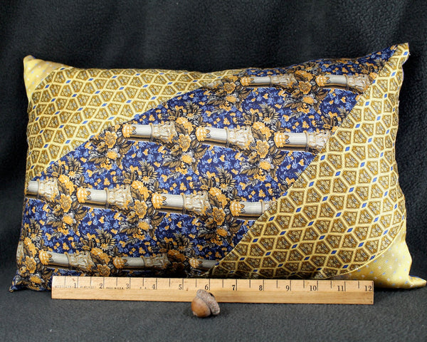 One of a Kind Necktie Pillow | Golden Floral #350 |  Gold & Blue 15"x10" Pillow Made from Up-Cycled Silk Ties - Includes Pillow Filling