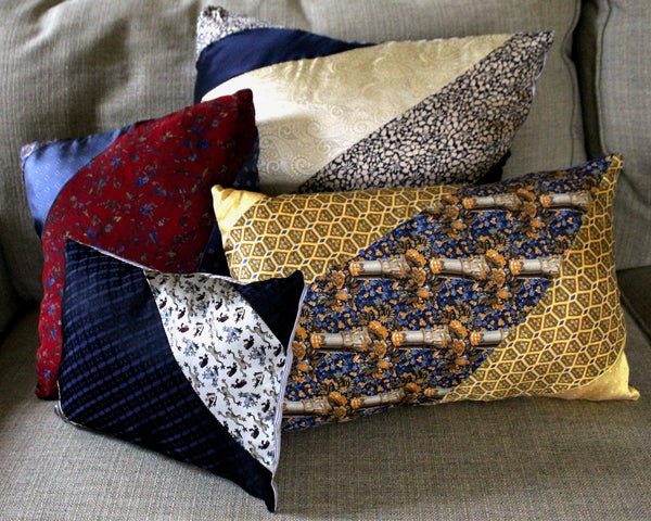 One of a Kind Necktie Pillow | Golden Floral #350 |  Gold & Blue 15"x10" Pillow Made from Up-Cycled Silk Ties - Includes Pillow Filling