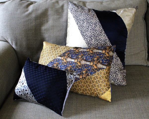 One of a Kind Necktie Pillow | Golden Floral #350 |  Gold & Blue 15"x10" Pillow Made from Up-Cycled Silk Ties - Includes Pillow Filling