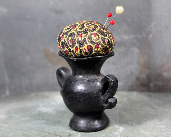 Vintage Miniature Upcycled Vase Pin Cushion | Black Clay Vases Turned Pin Cushion | Handmade