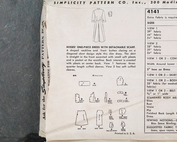 1952 Simplicity #4141 Dress Pattern | Size 14/Bust 32" | COMPLETE Cut Pattern in Original Envelope