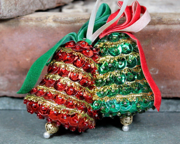 Vintage Beaded and Sequins Bell Ornaments | Set of 2 | Mid-Century Christmas Ornaments, circa 1950s