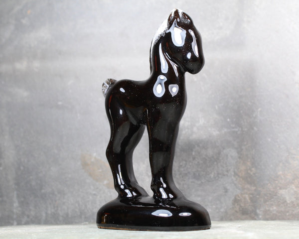 Vintage Black Ceramic Horse Figurine | Mid-Century Modern Horse Figurine | Black Horse | Black Ceramic with White Drip Mane