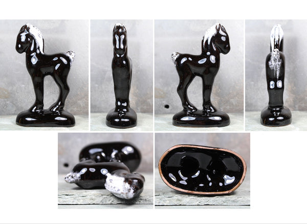 Vintage Black Ceramic Horse Figurine | Mid-Century Modern Horse Figurine | Black Horse | Black Ceramic with White Drip Mane