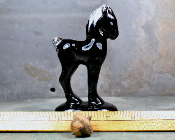 Vintage Black Ceramic Horse Figurine | Mid-Century Modern Horse Figurine | Black Horse | Black Ceramic with White Drip Mane