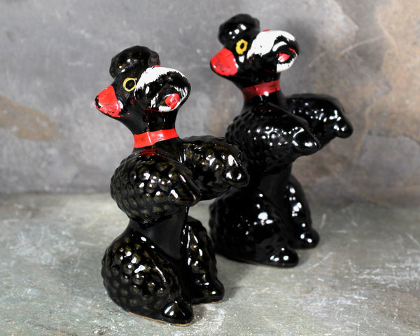 Set of 2 Black Poodle Figurines | Vintage Mid-Century Ceramic Poodles | Sitting Up Pose | Circa 1950s | Made in Japan | Puppy Love