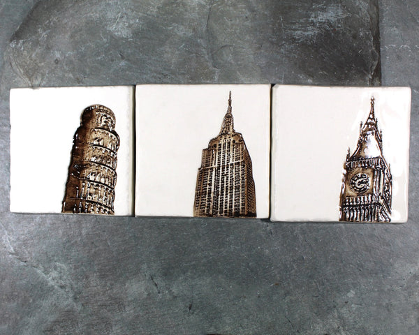 Stoneware Decorative Tiles - Your Choice of Empire State Building, Big Ben, and the Leaning Tower of Pisa | RH Stoneware | Circa 1990s