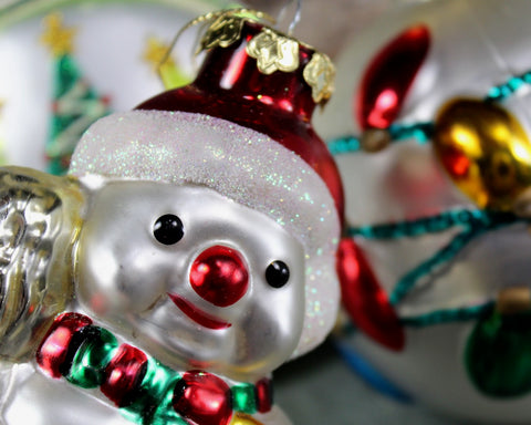 Glass Christmas Ornaments, Circa 1980s - Set of 3 Vintage Christmas Ornaments | Snowman Ornament | Sculpted Glass Ornaments