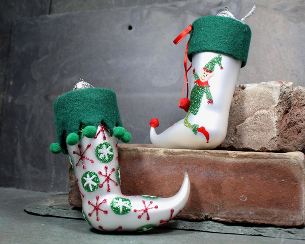 Glass Christmas Stocking Ornaments, Circa 1990s - Set of 2 Vintage Christmas Ornaments