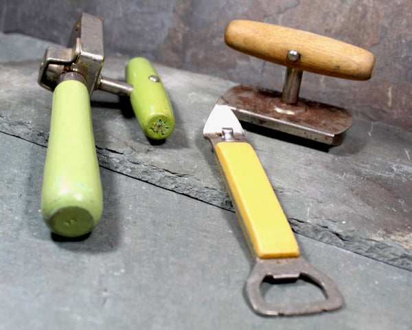 Antique Kitchen Tools - Set of 3 - Edlund Junior Can Opener & top-Off Can Opener Wooden Handle, Foley Opener with Plastic Handle