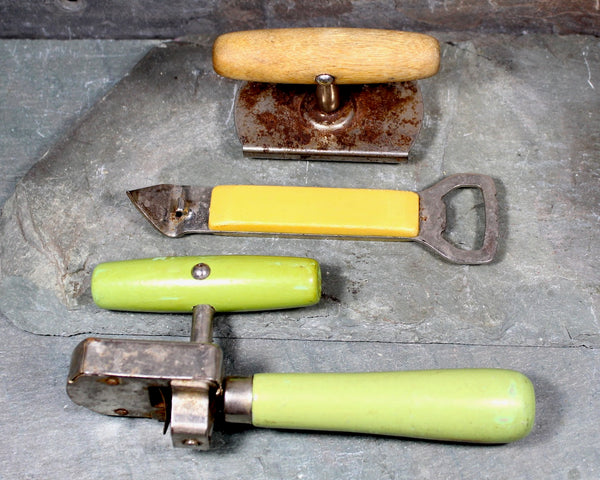 Antique Kitchen Tools - Set of 3 - Edlund Junior Can Opener & top-Off Can Opener Wooden Handle, Foley Opener with Plastic Handle