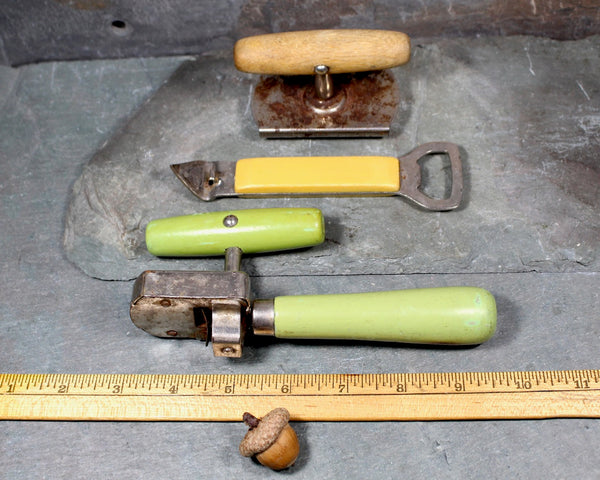 Antique Kitchen Tools - Set of 3 - Edlund Junior Can Opener & top-Off Can Opener Wooden Handle, Foley Opener with Plastic Handle