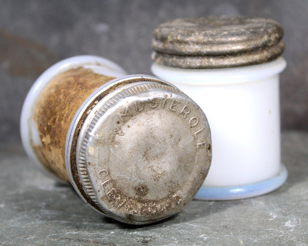 Antique Musterole Milk Glass Jars with Tin Lids | Gorgeous Vintage Patina | Circa 1910s/20s