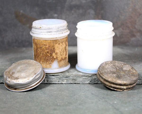 Antique Musterole Milk Glass Jars with Tin Lids | Gorgeous Vintage Patina | Circa 1910s/20s