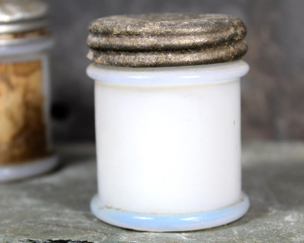 Antique Musterole Milk Glass Jars with Tin Lids | Gorgeous Vintage Patina | Circa 1910s/20s